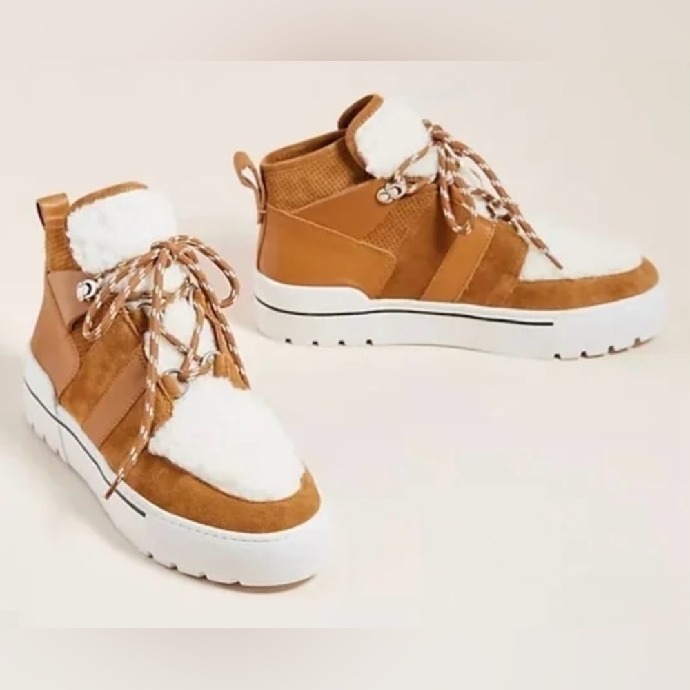 J/Slides NYC Nell High-Top Faux Shearling Suede Sneakers Women's Sz 11 Brown EUC